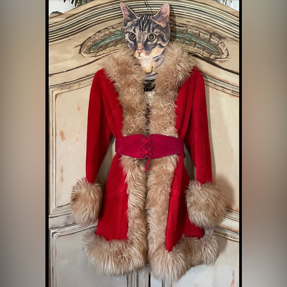 Valentine’s Day Vintage Red Suede Jacket Fur Trim XS to Small